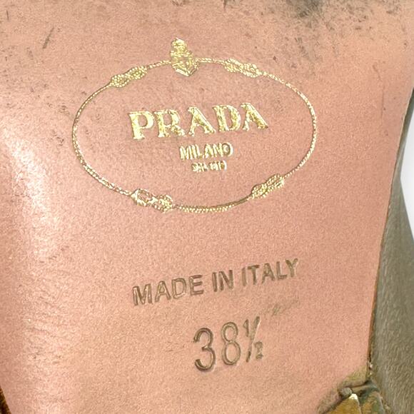 PRADA | US 8.5 / IT 38.5 | Metallic Gold Leather Peep-Toe Slingback Pumps - Picture 2 of 10